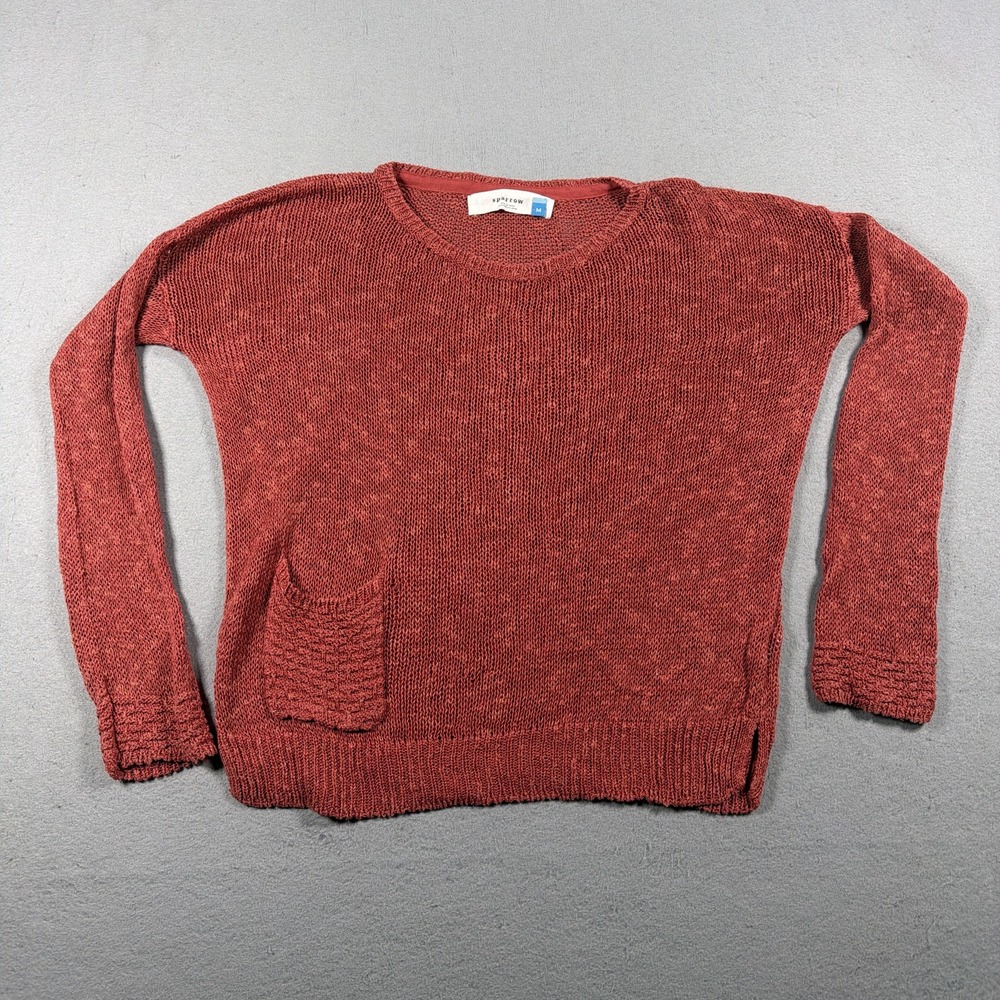 Sparrow Sweater Womens Medium Red Linen Blend Pocket Open Knit Pullover Casual